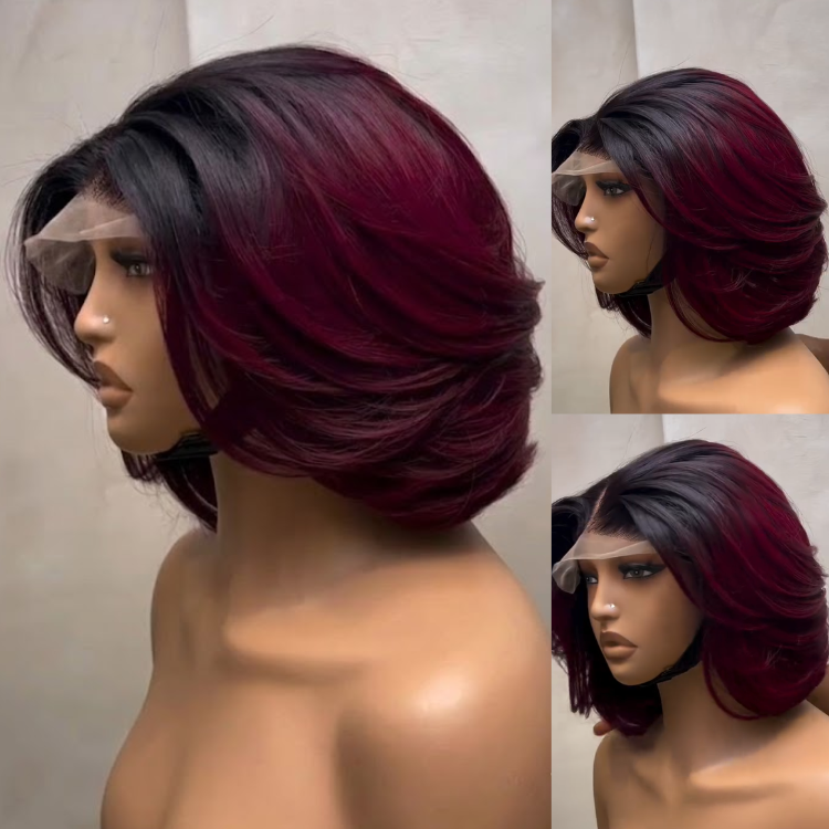Ombre Burgundy Short Lace Front Wig – Dark Roots to 99J Red Wine Precision Layered C-Curl Bob Wig for Black Women - Rafarada