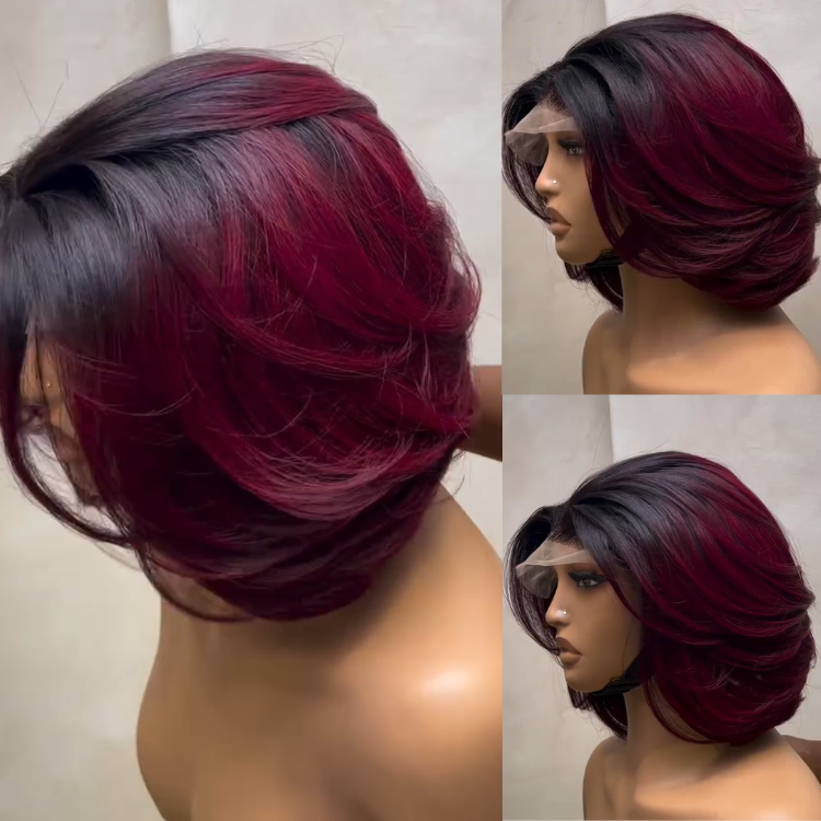 Ombre Burgundy Short Lace Front Wig – Dark Roots to 99J Red Wine Precision Layered C-Curl Bob Wig for Black Women - Rafarada