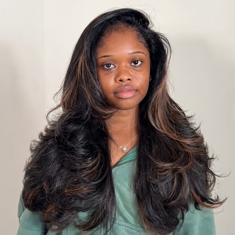 Ombre Caramel Brown Money Piece Human Hair Wig - Voluminous Layered Blowout Curls - Glueless HD Lace Front Wig Natural Hairline- Rafarada