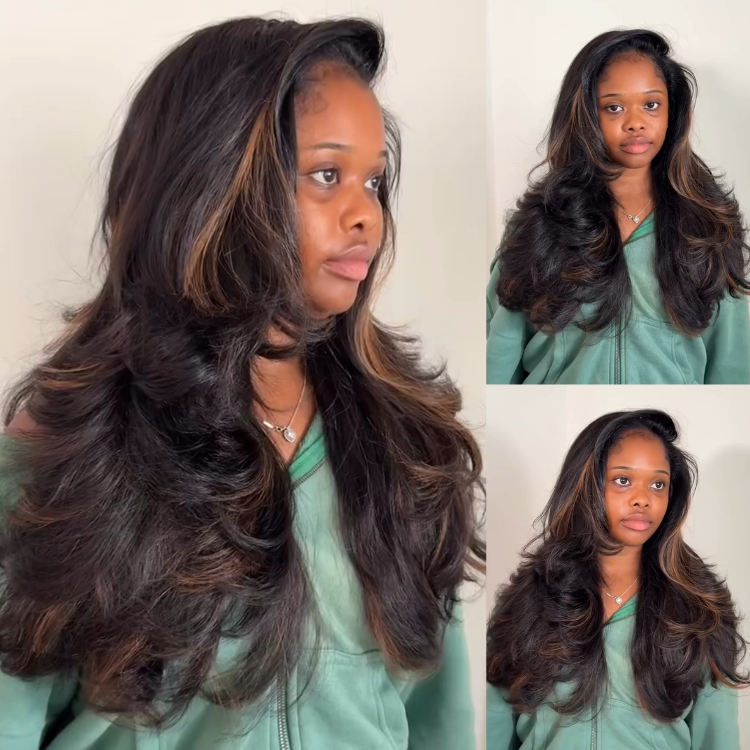 Ombre Caramel Brown Money Piece Human Hair Wig - Voluminous Layered Blowout Curls - Glueless HD Lace Front Wig Natural Hairline- Rafarada