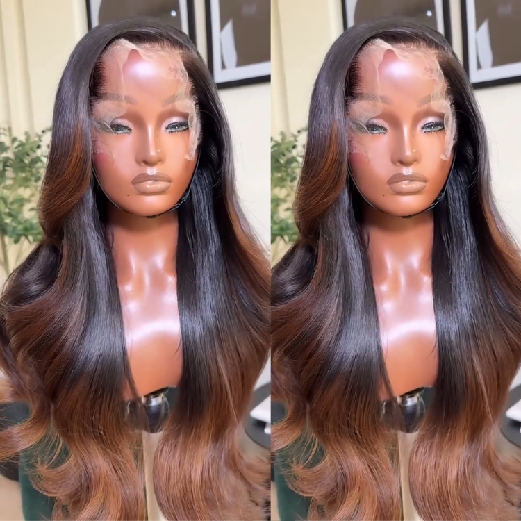 Glueless Layered Bouncy Body Wave Lace Front Wig Dark Roots Ombre Chestnut Brown with Caramel Highlights Human Hair- Rafarada