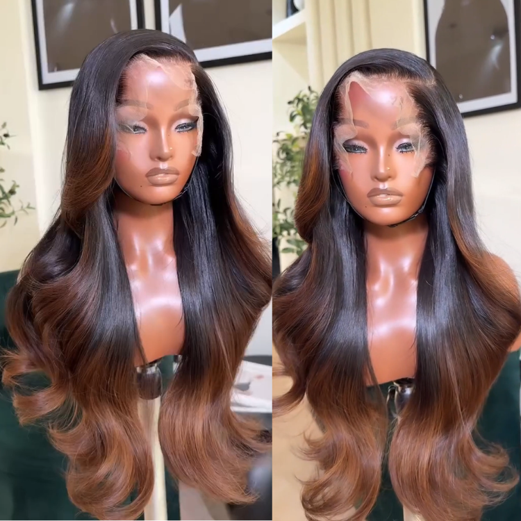 Glueless Layered Bouncy Body Wave Lace Front Wig Dark Roots Ombre Chestnut Brown with Caramel Highlights Human Hair- Rafarada