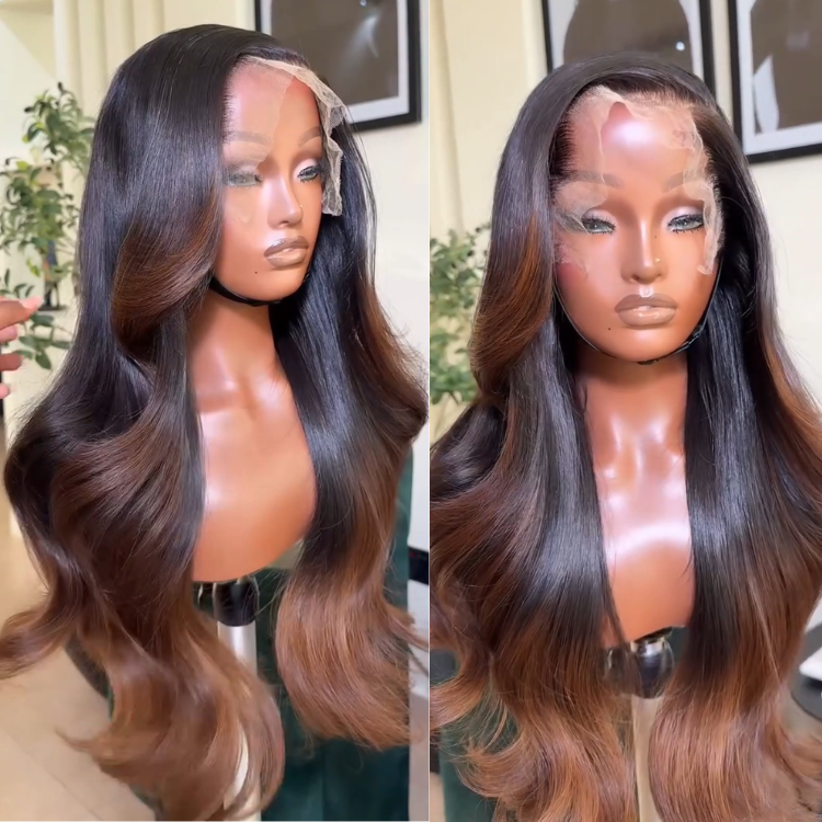 Glueless Layered Bouncy Body Wave Lace Front Wig Dark Roots Ombre Chestnut Brown with Caramel Highlights Human Hair- Rafarada
