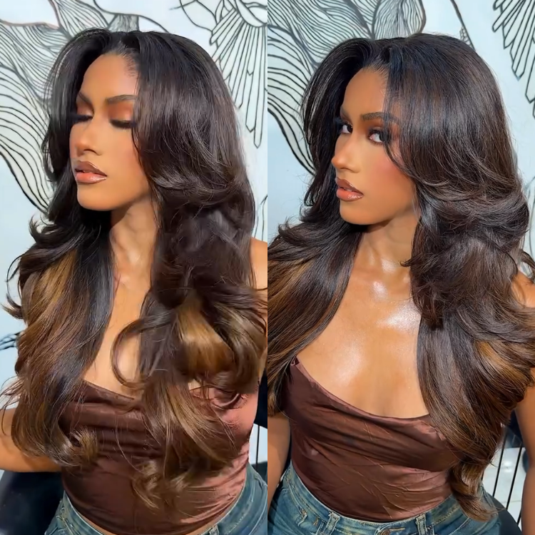 Ombre Chocolate Brown Voluminous Butterfly Cut Glueless HD Lace Wig Human Hair 90s Blowout Layered Wig- Rafarada