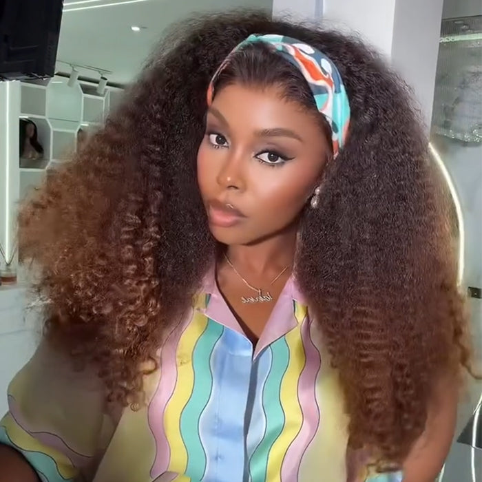 Ombre Dark Brown With Highlights Color Kinky Straight Natural Curly Wig HD Lace Front Human Hair Wig- Rafarada