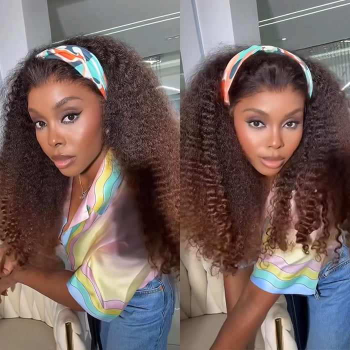 Ombre Dark Brown With Highlights Color Kinky Straight Natural Curly Wig HD Lace Front Human Hair Wig- Rafarada