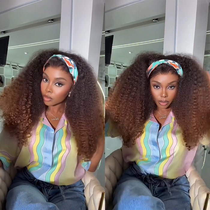 Ombre Dark Brown With Highlights Color Kinky Straight Natural Curly Wig HD Lace Front Human Hair Wig- Rafarada