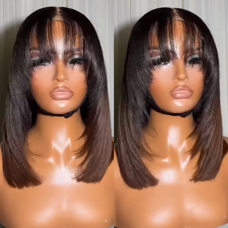Glueless Ombre Dark Brown Straight Human Hair Wig with Bangs Layered Cut Wear and Go Ready to Wear- Rafarada