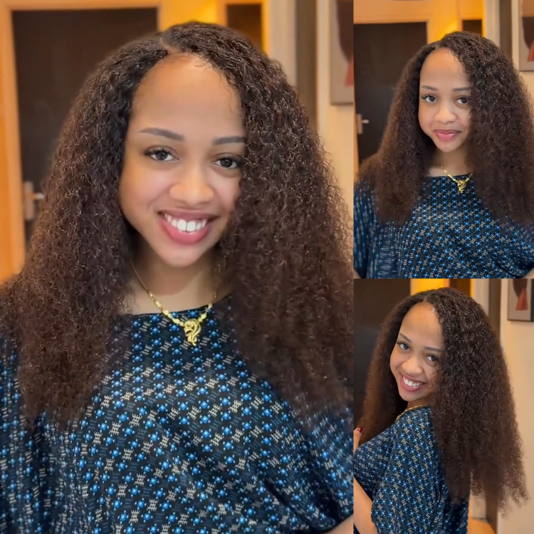 Glueless Ombre Dark Brown Kinky Curly Human Hair Wig Side Part Long Voluminous Jerry Curl Lace Wig - Rafarada