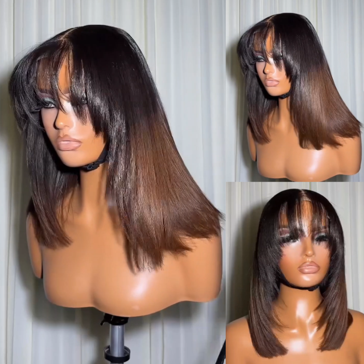 Glueless Ombre Dark Brown Straight Human Hair Wig with Bangs Layered Cut Wear and Go Ready to Wear- Rafarada