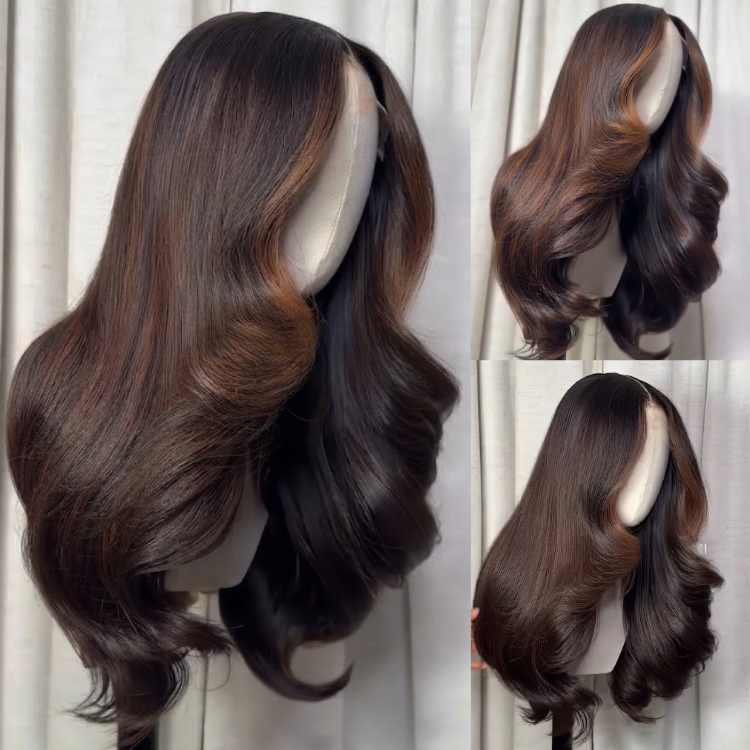 Ombré Dark Root to Caramel Highlight Body Wave Lace Frontal Wig - Voluminous Human Hair- Rafarada