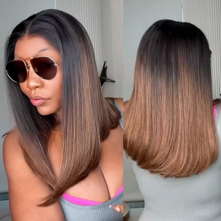 Ombre Highlights Chestnut Brown Straight Wig with Curved Ends High Density Lace Front Wig- Rafarada