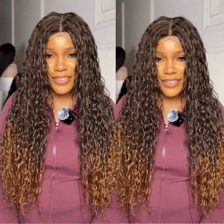 Glueless Ombre Honey Blonde Deep Wave Lace Front Human Hair Wig, HD Transparent Lace Frontal Wig with Dark Roots, Voluminous Water Wave Curly Wig for Women- Rafarada