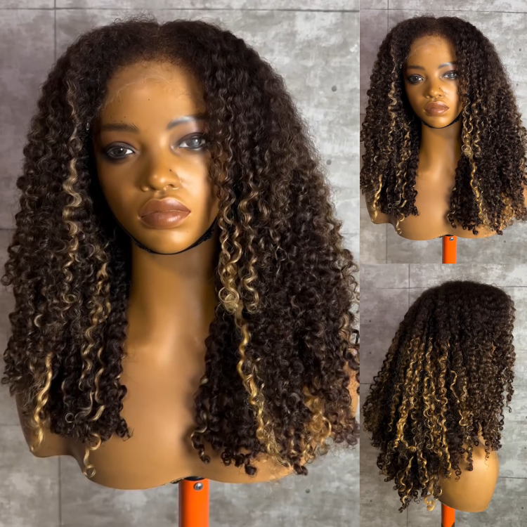 Ombre Honey Blonde Balayage Jerry Curly Lace Front Wig HD Transparent Lace, Dark Roots, Defined Voluminous Curls, Glueless 100% Human Hair Wig- Rafarada