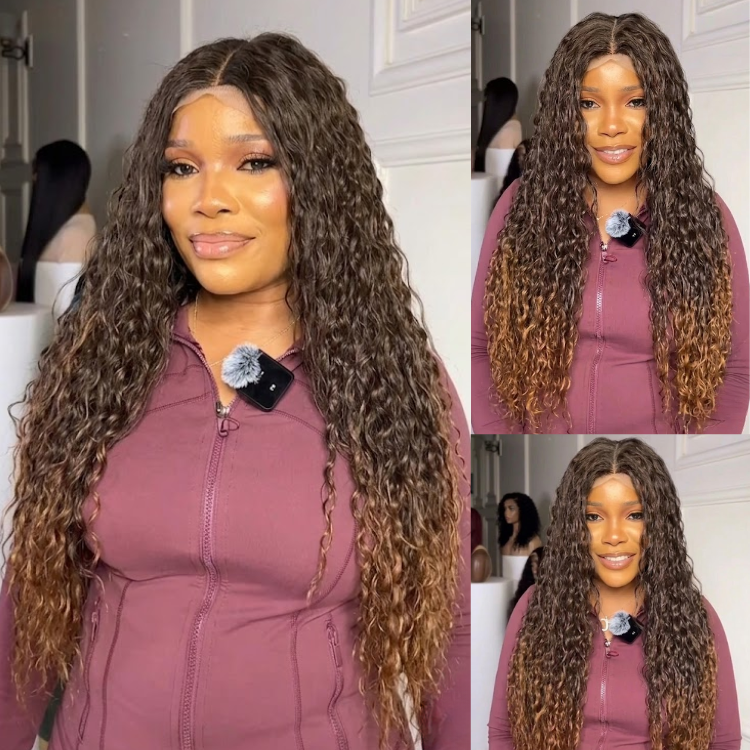 Glueless Ombre Honey Blonde Deep Wave Lace Front Human Hair Wig, HD Transparent Lace Frontal Wig with Dark Roots, Voluminous Water Wave Curly Wig for Women- Rafarada