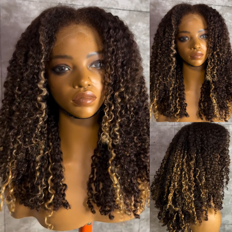 Ombre Honey Blonde Balayage Jerry Curly Lace Front Wig HD Transparent Lace, Dark Roots, Defined Voluminous Curls, Glueless 100% Human Hair Wig- Rafarada