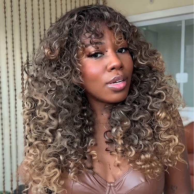 Ombre Honey Blonde and Dark Root Kinky Curly Wig With Bangs - Voluminous Spring Coils- Rafarada