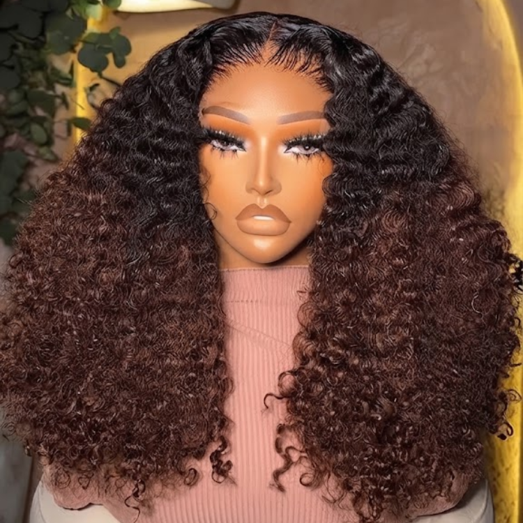 Ombre Honey Brown Deep Wave Lace Front Wig - HD Transparent Lace, Dark Roots, Bouncy Spiral Curls, Glueless 100% Human Hair Wig- Rafarada