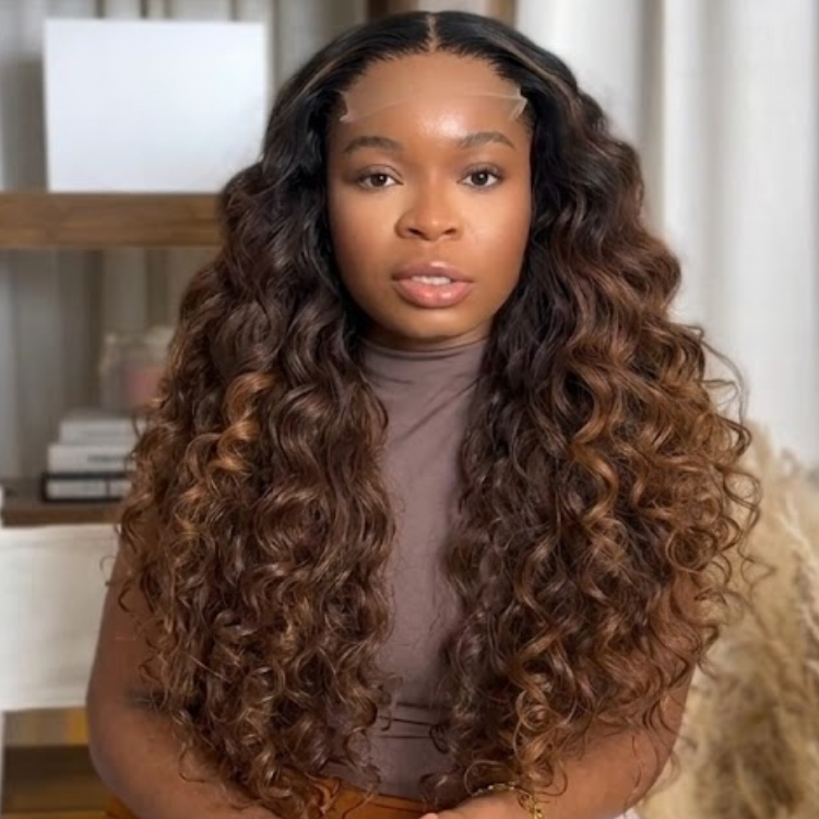 Ombre Honey Brown Water Wave Lace Front Wig Long Bouncy Deep Curly Human Hair Wig - Rafarada