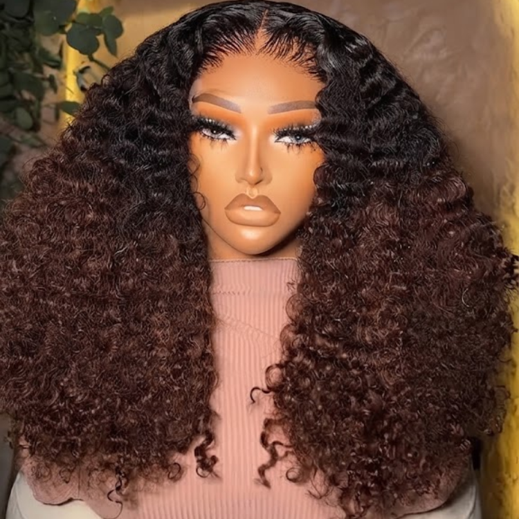 Ombre Honey Brown Deep Wave Lace Front Wig - HD Transparent Lace, Dark Roots, Bouncy Spiral Curls, Glueless 100% Human Hair Wig- Rafarada
