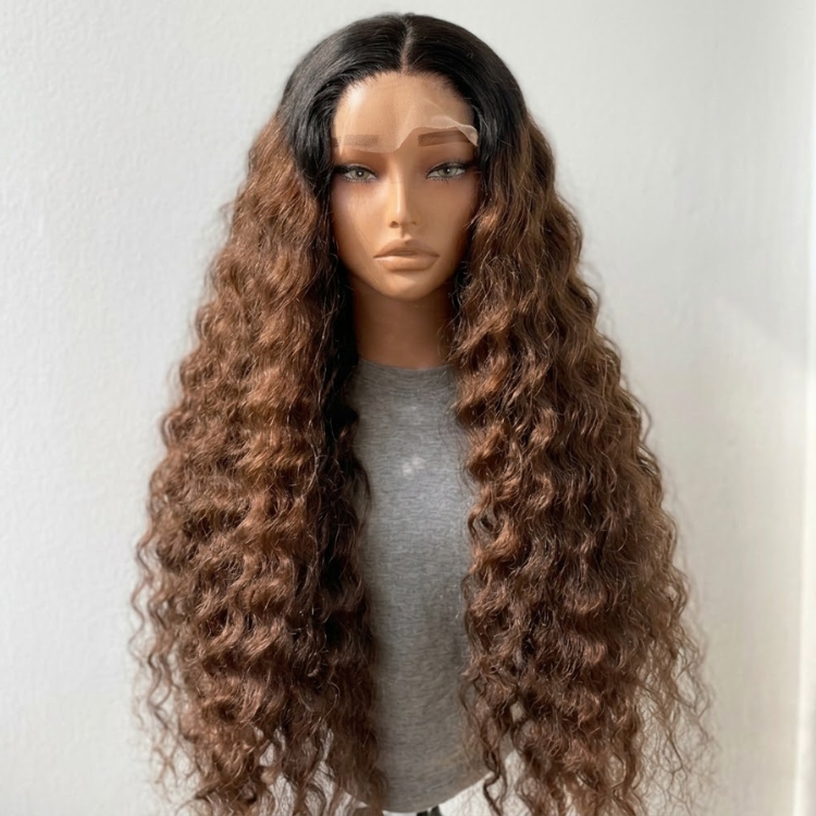 Glueless Ombre Honey Brown Dark Roots Deep Wave Lace Front Wig - High Density HD Transparent Lace Human Hair Wig- Rafarada