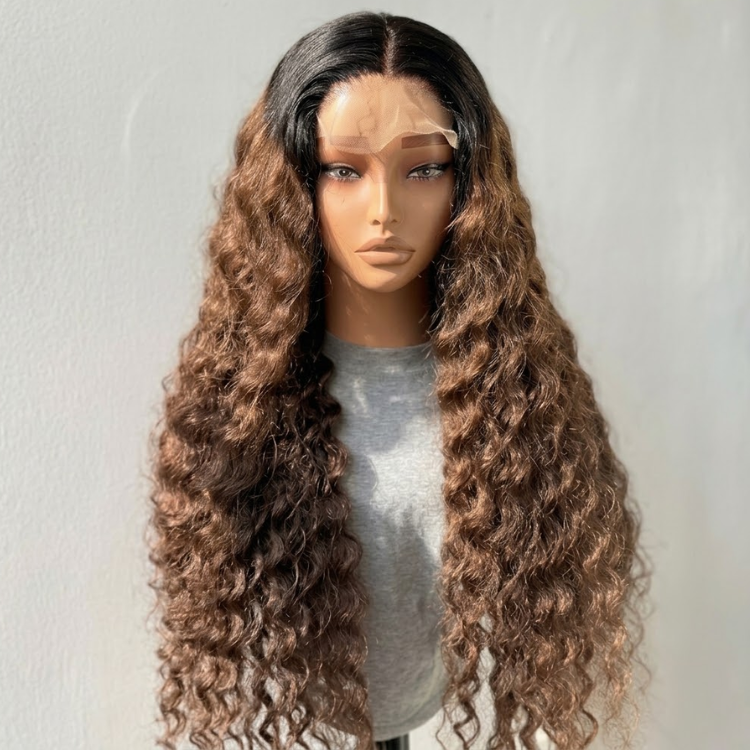 Glueless Ombre Honey Brown Dark Roots Deep Wave Lace Front Wig - High Density HD Transparent Lace Human Hair Wig- Rafarada