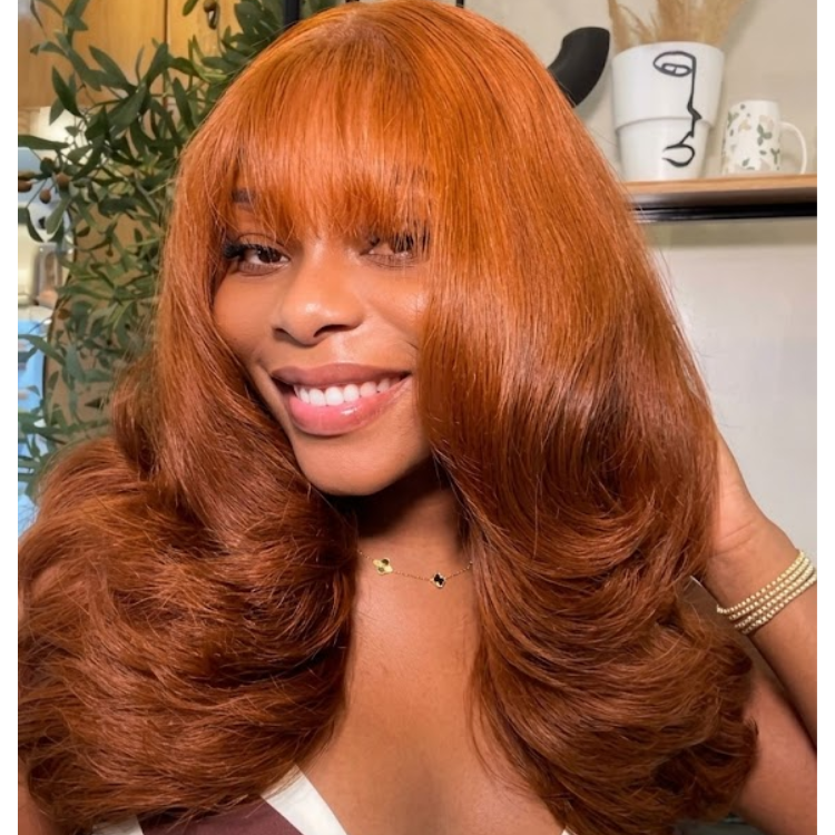 Ombré Honey Copper Blonde Bouncy Layered Wave Wig with Bangs - Glueless Human Hair Wig- Rafarada