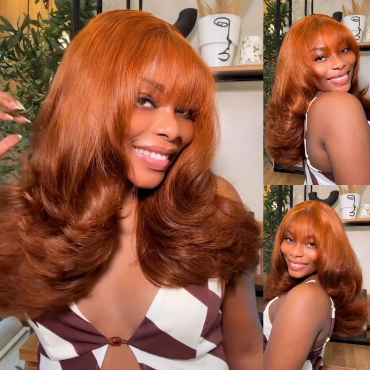 Ombré Honey Copper Blonde Bouncy Layered Wave Wig with Bangs - Glueless Human Hair Wig- Rafarada