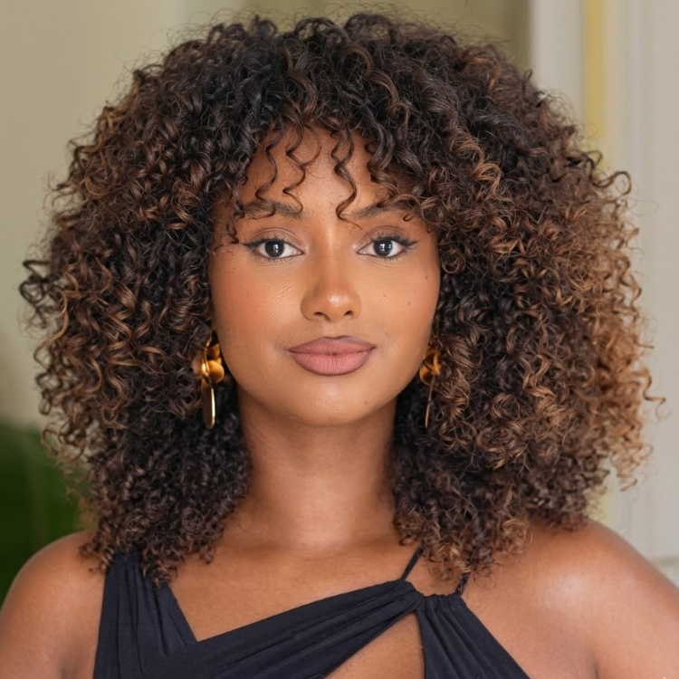 Ombre Reddish Brown Curly Wig with Bangs Glueless HD Lace Wigs Afro Kinky Curly Human Hair Wig with Brown Highlights- Rafarada