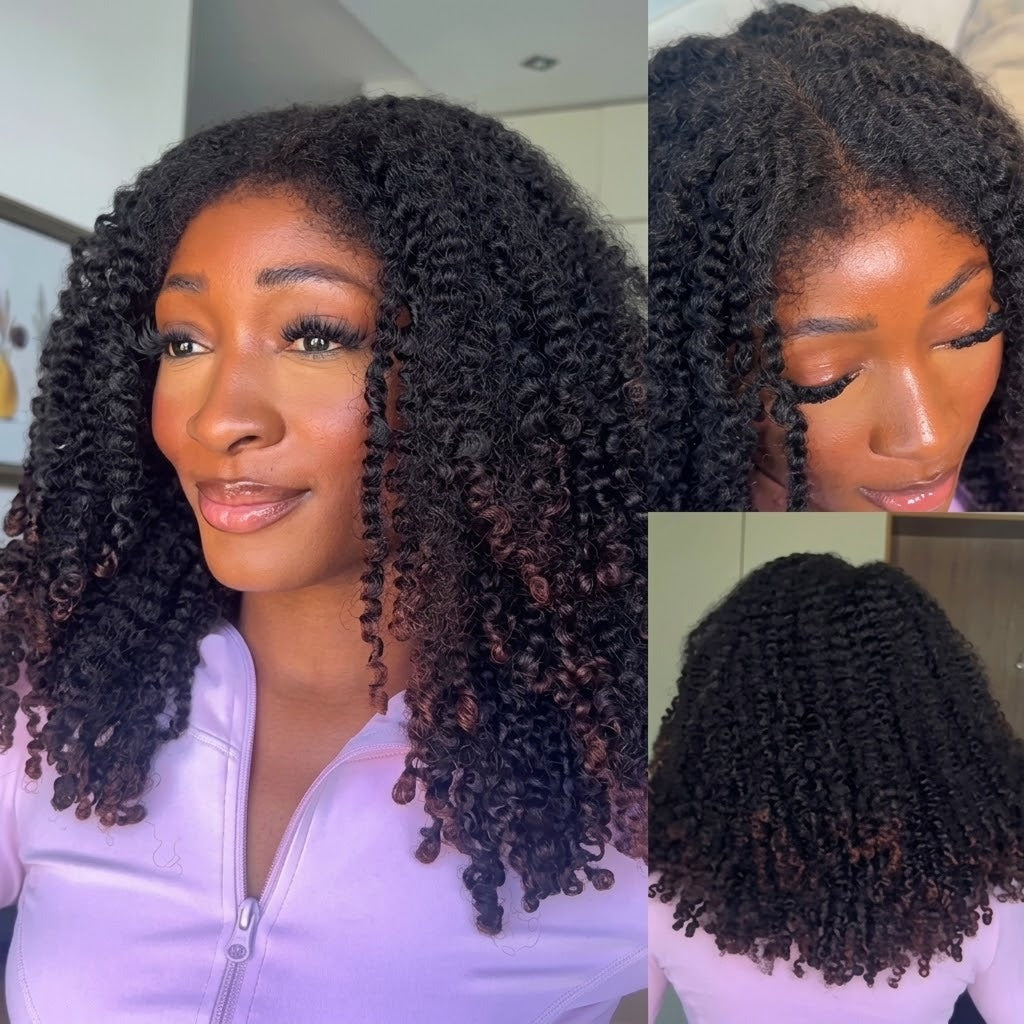Realistic Kinky Coily Curly Human Hair Wig Glueless HD Lace Wig Ombre Reddish Brown Color Wig - Rafarada