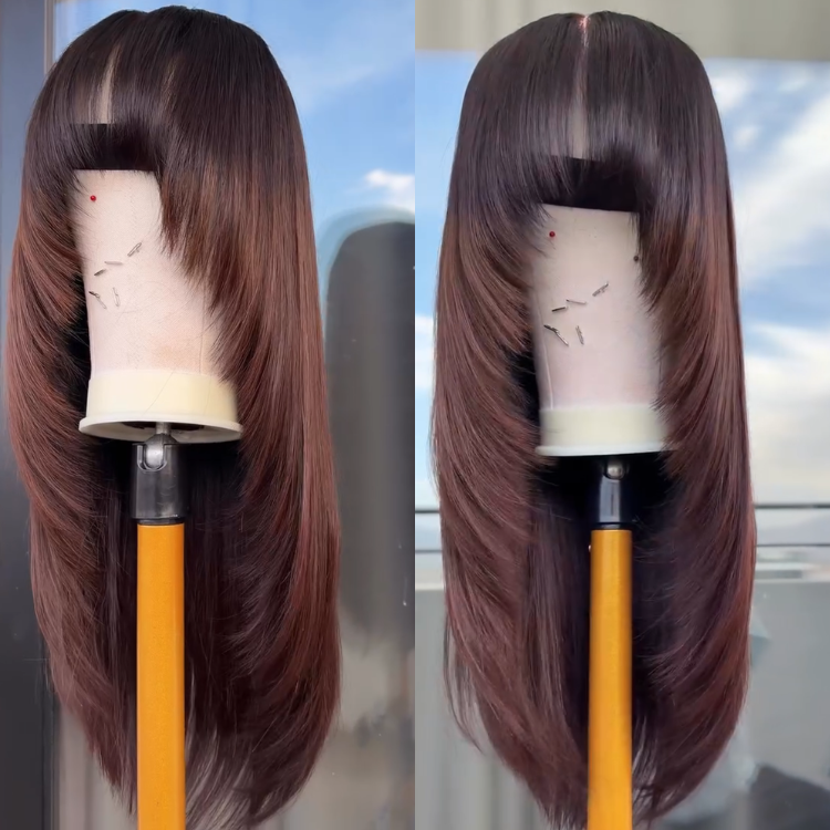Dark Roots Chestnut Brown Ombre Straight Wig | Layered Haircut with Blunt Bangs- Rafarada