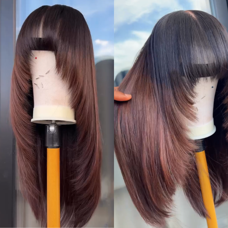 Dark Roots Chestnut Brown Ombre Straight Wig | Layered Haircut with Blunt Bangs- Rafarada