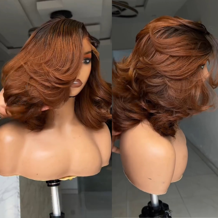 Body Wave Lace Frontal Human Hair Wig Ombre Auburn Brown Swoop Side Part Wig for Women Pre-Plucked Glueless Reddish Brown HD Lace Wig - Rafarada