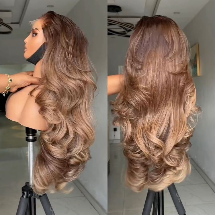 Ombre Honey Brown Body Wave Lace Front Human Hair Wigs #4/27 Glueless Bouncy Curly Wig - Rafarada