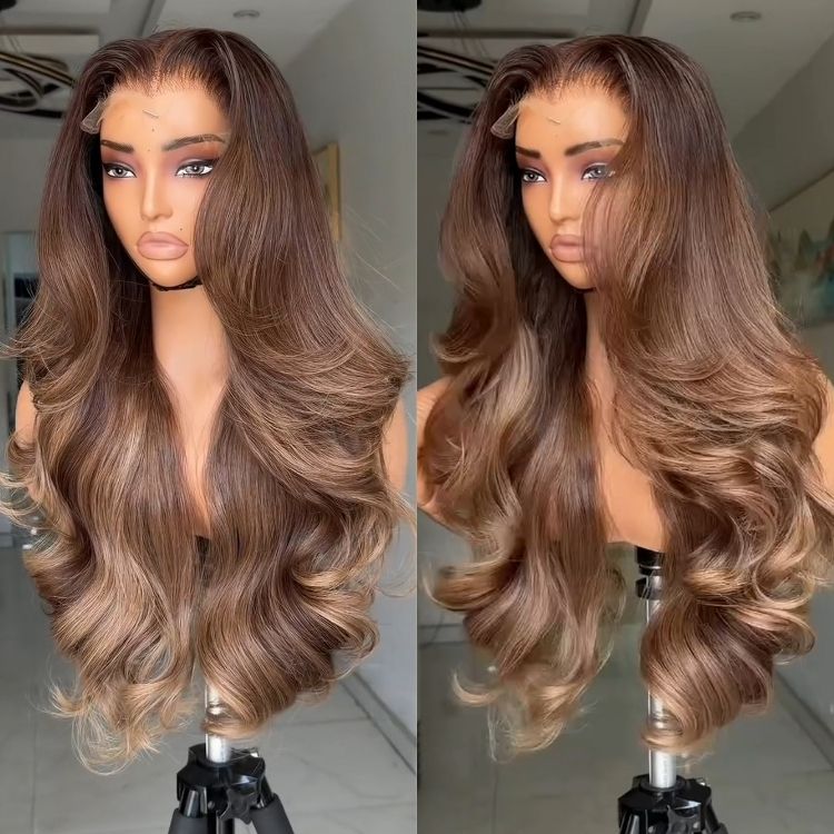 Ombre Honey Brown Body Wave Lace Front Human Hair Wigs #4/27 Glueless Bouncy Curly Wig - Rafarada