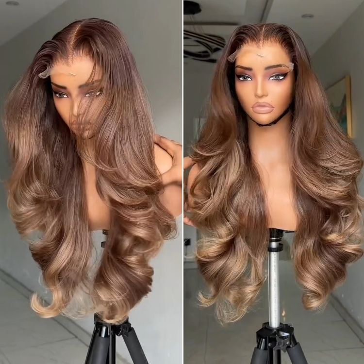 Ombre Honey Brown Body Wave Lace Front Human Hair Wigs #4/27 Glueless Bouncy Curly Wig - Rafarada