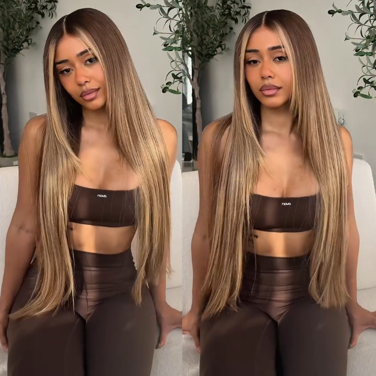 Glueless Ombre Brown to Honey Blonde Highlight Straight Lace Wig Pre-Plucked Natural Hairline Silky Bone Straight Human Hair Wig- Rafarada