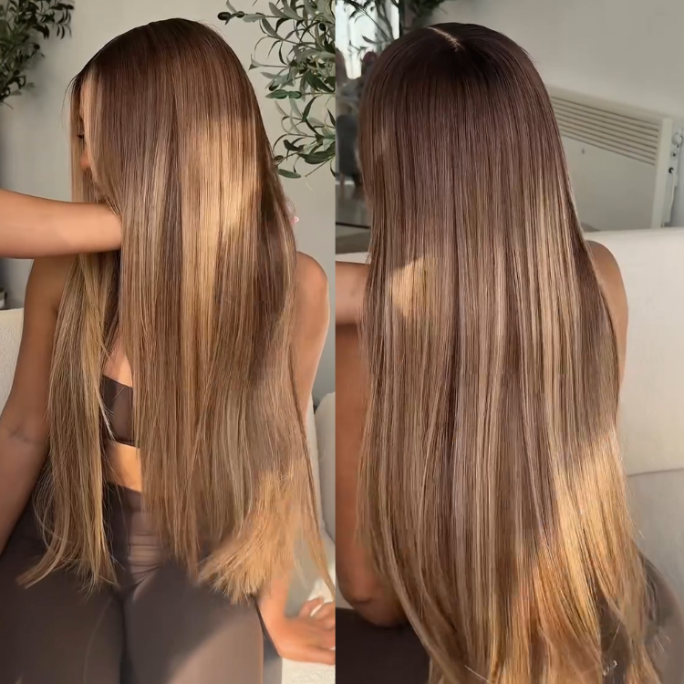 Glueless Ombre Brown to Honey Blonde Highlight Straight Lace Wig Pre-Plucked Natural Hairline Silky Bone Straight Human Hair Wig- Rafarada
