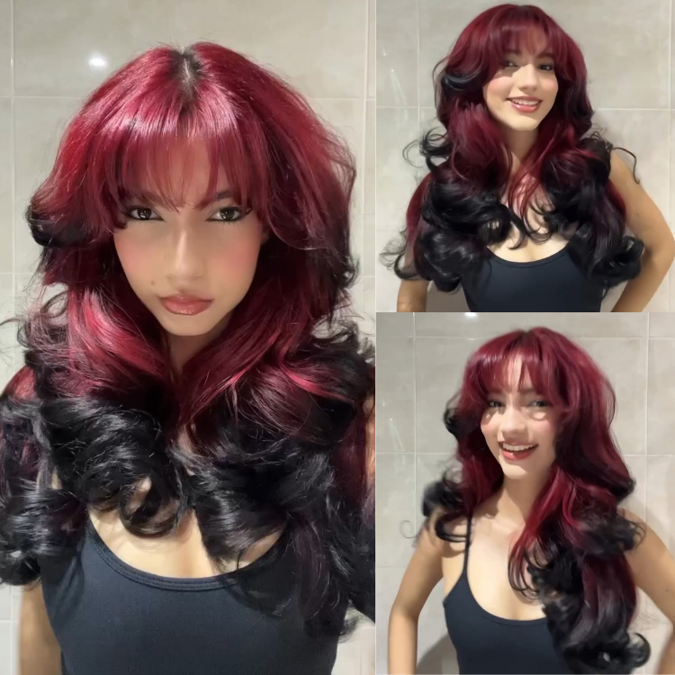 Burgundy Red Ombre Body Wave Wig with Bangs 4x4 Lace Closure 100% Human Hair Two Tone Red and Black Wig for Women - Rafarada