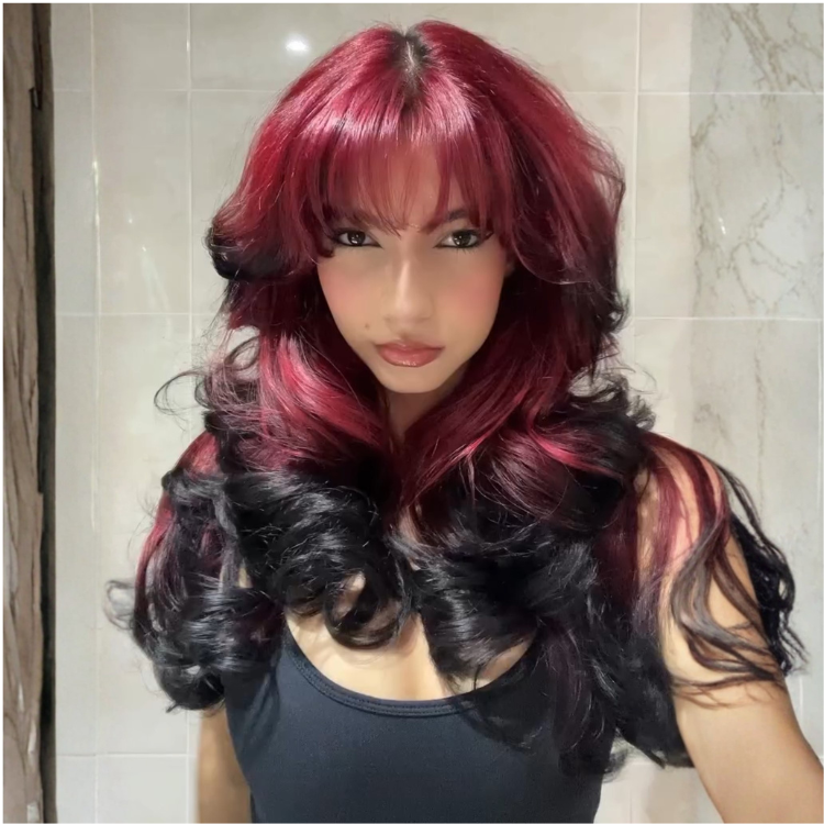 Burgundy Red Ombre Body Wave Wig with Bangs 4x4 Lace Closure 100% Human Hair Two Tone Red and Black Wig for Women - Rafarada