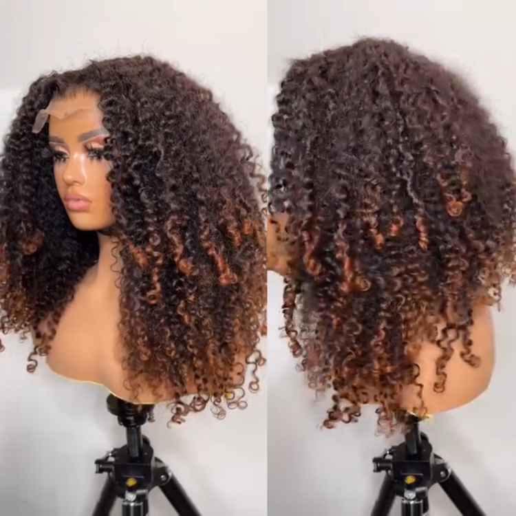 Luxury Ombre Brown Afro Curly Human Hair Wig HD Transparent Lace Frontal Wig 100% Brazilian Hair Ombre Chocolate Brown Glueless Curl Wig - Rafarada