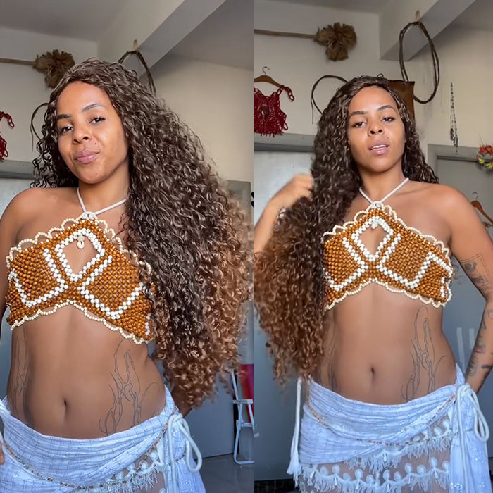 Ombre Chocolate to Caramel Blonde Curly Wig Mixed T-Color High Density 100% Human Hair Bouncy Style Curls - Rafarada