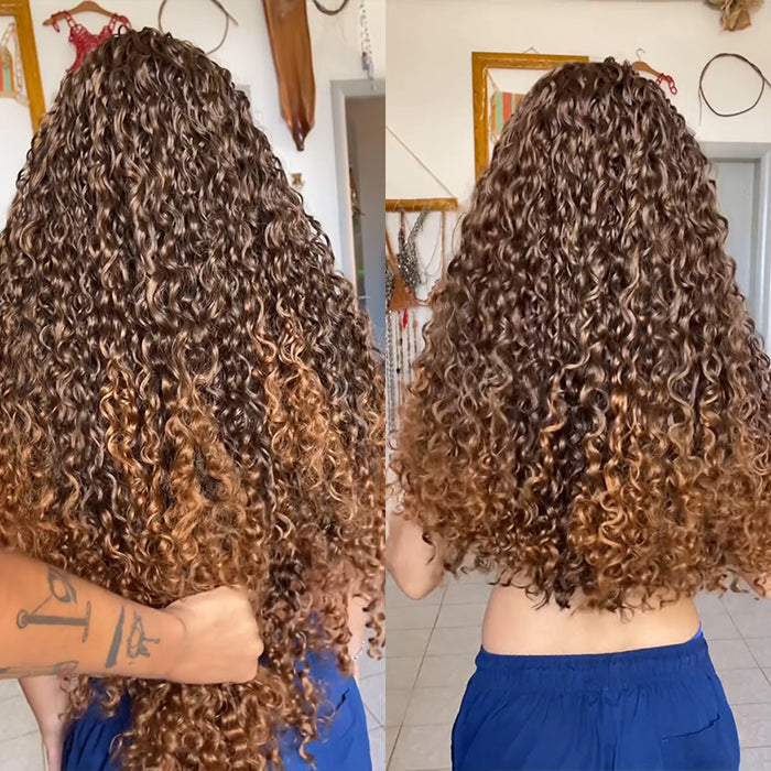 Ombre Chocolate to Caramel Blonde Curly Wig Mixed T-Color High Density 100% Human Hair Bouncy Style Curls - Rafarada