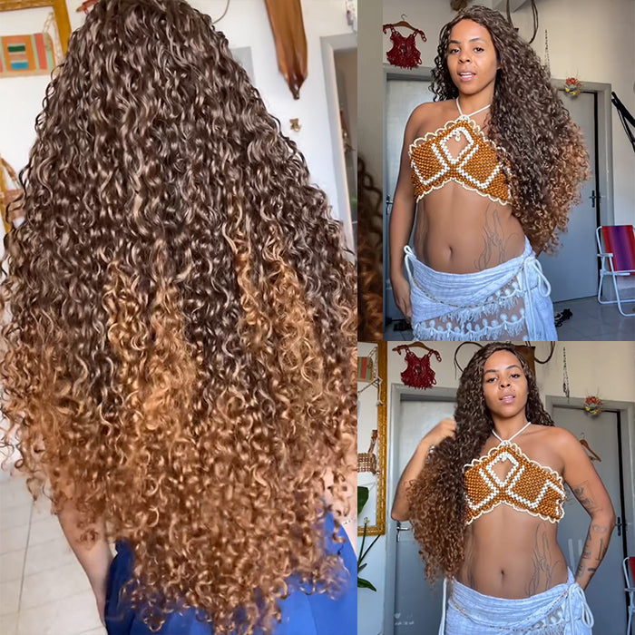 Ombre Chocolate to Caramel Blonde Curly Wig Mixed T-Color High Density 100% Human Hair Bouncy Style Curls - Rafarada