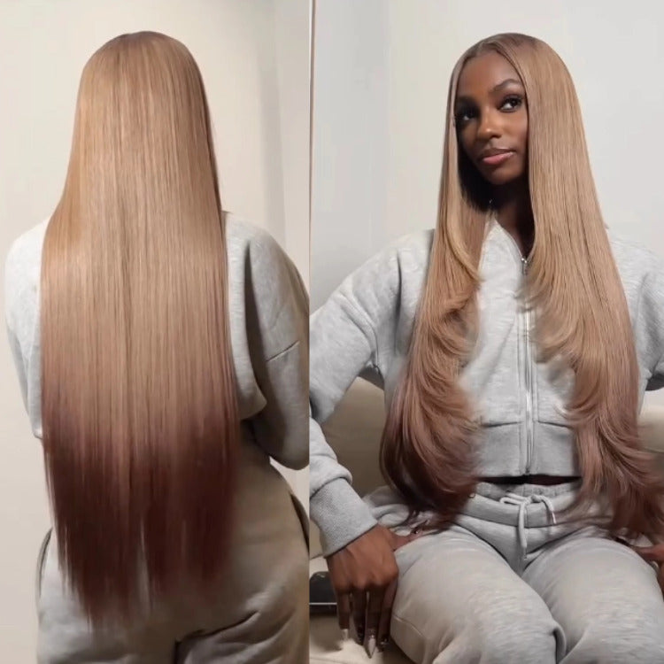 Layered Straight Human Hair Wig Ombre Highlight Color HD Lace Wig Prebleached knots Hairline - Rafarada
