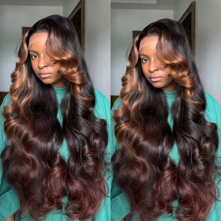 Dark Auburn Piano Color Highlight Body Wave Wig - Honey Blonde Dimensional Blend Glueless Long Wavy Human Hair Wig with Layered Face-Framing Curls- Rafarada