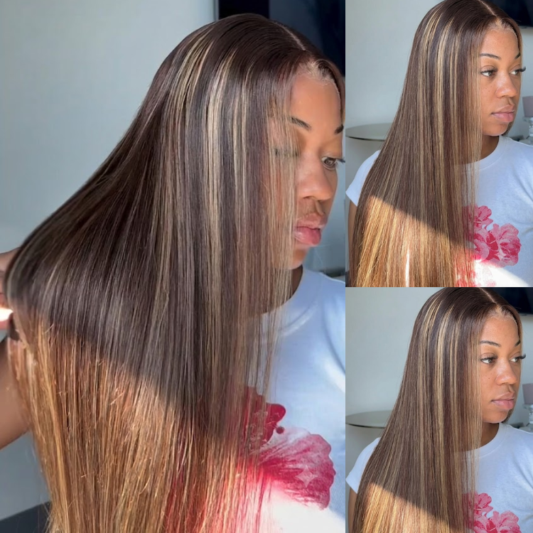 Glueless Piano Highlight Straight Lace Wig Brown Honey Blonde Pre-plucked Bone Straight Human Hair - Rafarada