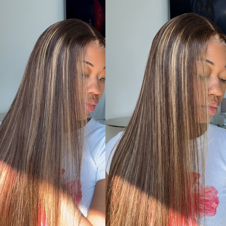 Glueless Piano Highlight Straight Lace Wig Brown Honey Blonde Pre-plucked Bone Straight Human Hair - Rafarada
