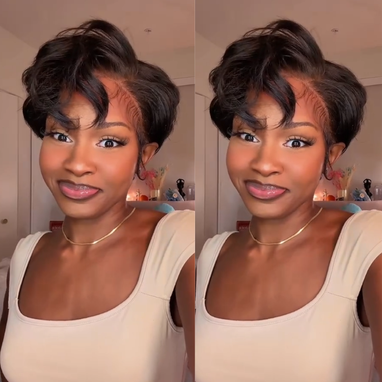 Natural Black Layered Wavy Pixie Cut Full Lace Human Hair Wig Glueless Pre-Plucked Short Curly Wig with Natural Hairline - Rafarada