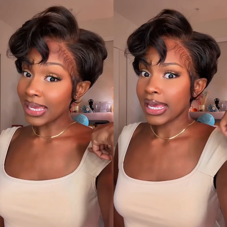 Natural Black Layered Wavy Pixie Cut Full Lace Human Hair Wig Glueless Pre-Plucked Short Curly Wig with Natural Hairline - Rafarada